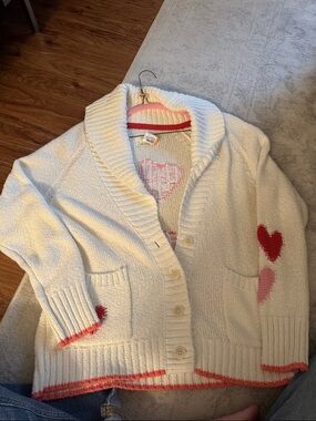 Maeve Cream Cardigan Sweater with Pink & Red Heart Accents